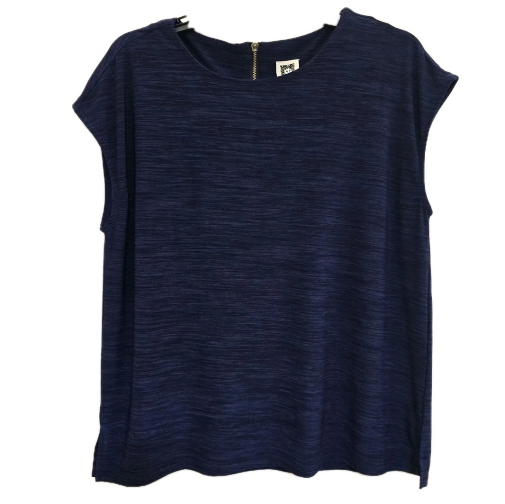 ANNE KLEIN size Large Stretchy Back Zip Knit Top Navy Blue